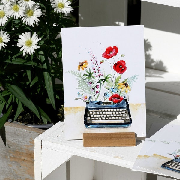 Postkarte Kunstkarte Poesie Blumen Mohnblume Kunstdruck Schreibmaschine Illustration Grafik Bild Aphorismen Fantasie Journalismus Literatur