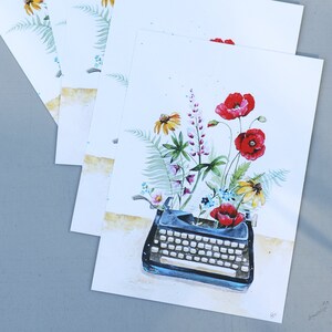 5x Postkarte Kunstkarte Poesie Blumen Mohnblume Kunstdruck Schreibmaschine Illustration Grafik Aphorismen Fantasie Journalismus Literatur