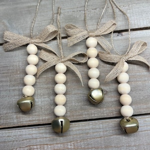 Farmhouse Wood Bead With Bell Christmas Ornaments
