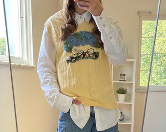 Pastel Yellow Cotton Sweater Vest with Meadow Embroidery MEDIUM