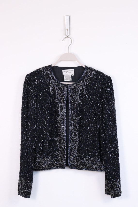 Black 100% Silk Beaded Evening Blazer - SMALL