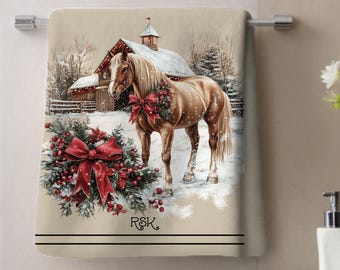 Personalized Winter Horse Tea Towel, Christmas Farmhouse Holiday Kitchen, Horse Lover Gift, Cotton Twill or Poly, Cabin Vacation Linens