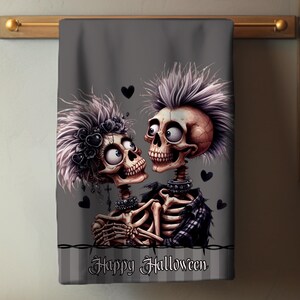 Personalized Skeleton Kitchen Towel, Quirky Tea Towel, Couples Gift, Custom Halloween Kitchen Decor, Hostess Gift, Romantic Gothic, Spooky