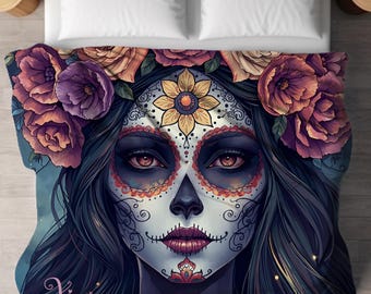 Custom Day of the Dead Sherpa Fleece Blanket, Cozy Lightweight Throw for Halloween, All Saints Day, Dia de los Muertos, Sugar Skull Decor