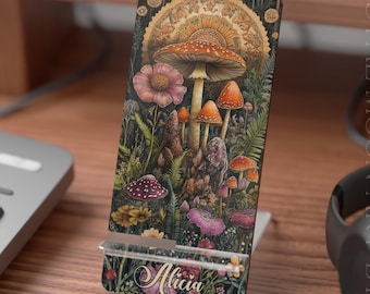 Custom Mushroom Smartphone Display Stand, Phone Dock, Desk Organizer, Unique Gift, Mushroom Core, Cottage Core Vibes