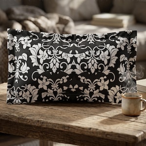 Black Damask Pattern Microfiber Pillow Sham | Vintage Floral Baroque