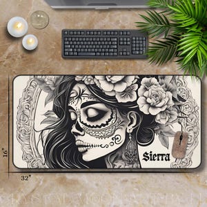 Personalized Day of the Dead Skull Desk Mat, Office Decor, Gaming Mouse Pad, Unique Gift, Boho Home Accessories, Desk Organizer, 3 Sizes