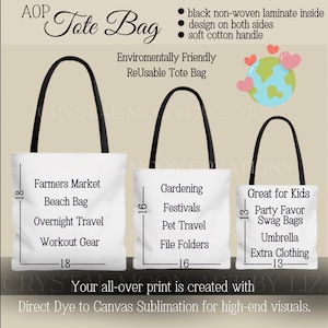 May include: White tote bags with black handles, labeled for various uses like Farmers Market and Gardening. The bags are 18, 16, and 13 inches tall, respectively. The design includes text and a graphic of the Earth with hearts, promoting eco-friendliness.