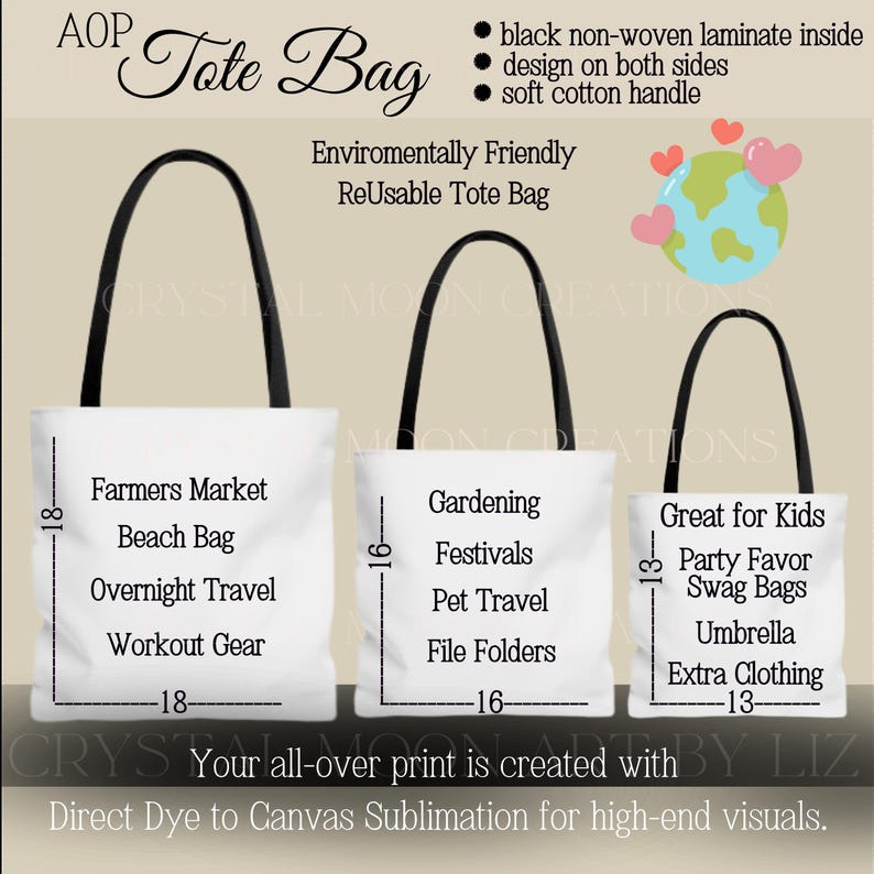 May include: White tote bags with black handles, labeled for various uses like Farmers Market and Gardening. The bags are 18, 16, and 13 inches tall, respectively. The design includes text and a graphic of the Earth with hearts, promoting eco-friendliness.