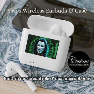 May include: White wireless earbuds and charging case. The case features a screen with a graphic of a mask and the text "PhantomByte". The text "Essos Wireless Earbuds & Case" and "Built-in music controls & dual microphones" are also visible.