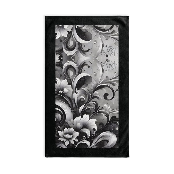Floral Abstract Hand Towel, Lotus Flower, Black and White Modern Guest Towel, Housewarming Gift