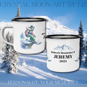 Enamel Camp Cup, Personalized Snowboarding Teen Vacation, Winter Sports Mug, Custom Skiing Child Campfire Cup, Gift for Outdoor Enthusiast