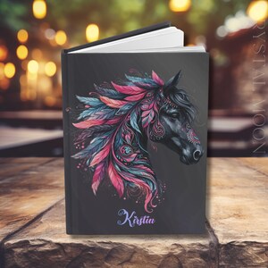 Personalized Colorful Feathered Horse Hardcover Journal, Boho Horse Art Notebook, Lined Paper