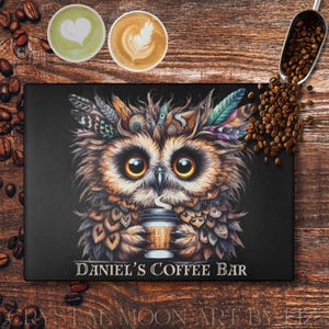 Personalized Glass Cutting Board, Unique Gift for Coffee Lovers, Kitchen Decor, Owl Lover Gift, Coffee Bar, Coffee Home Decor, Stress Relief