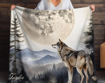 Sherpa Fleece Blanket, Personalized Throw, Wild Wolf Full Moon, Custom Wolf Blanket, Animal Lover Gift, Full Moon, Nature Lover Gift, Unisex