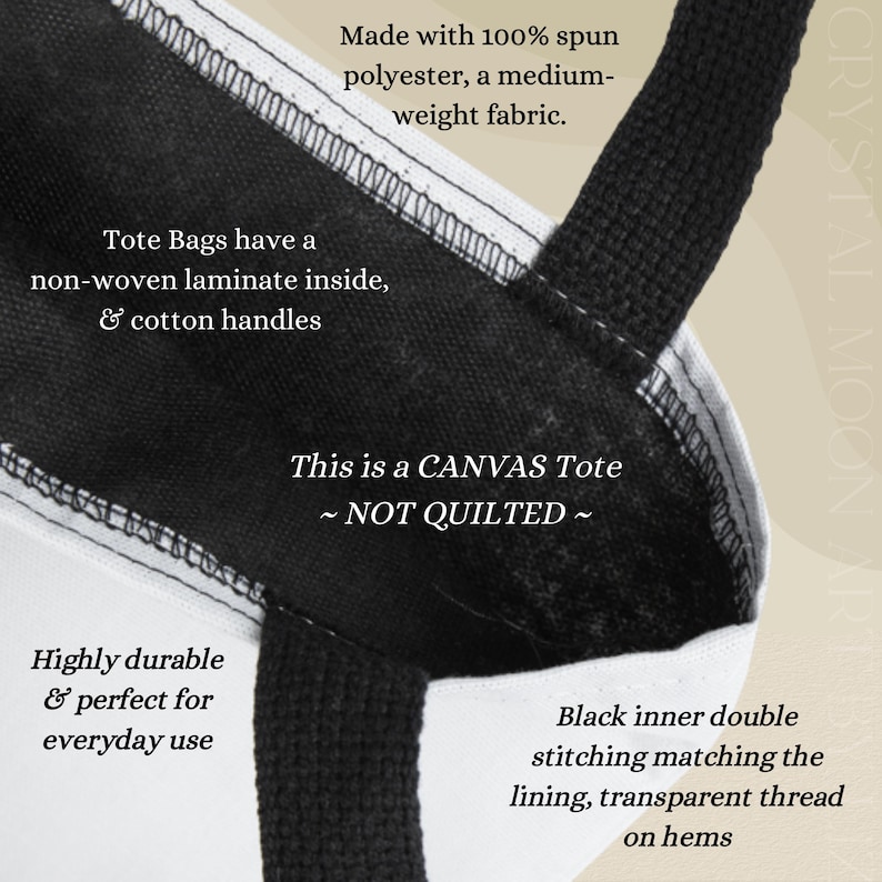 May include: Close-up of a white canvas tote bag with black handles and lining. The bag is made of spun polyester and has a non-woven laminate interior. Text on the bag reads: "This is a CANVAS Tote ~ NOT QUILTED ~" and "Highly durable & perfect for everyday use."