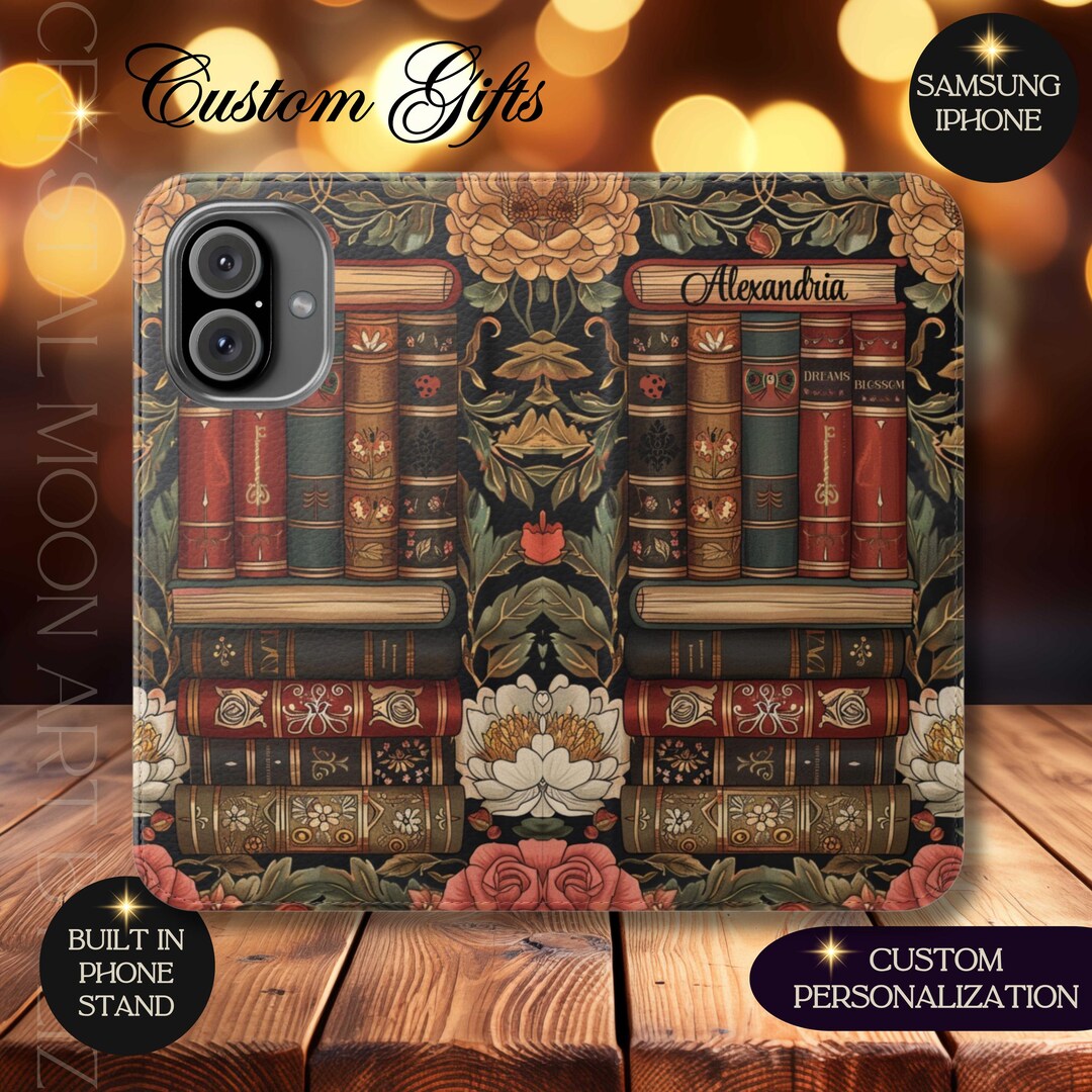 Personalized Victorian Floral Bookshelf Flip Case, Book Pattern Phone ...