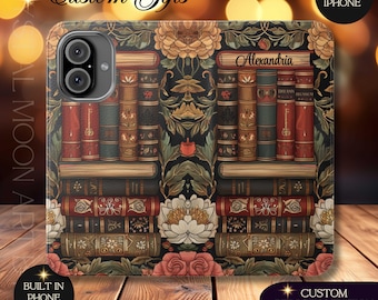 Personalized Victorian Floral Bookshelf Flip Case, Book Pattern Phone Wallet, Book Club Accessory, Librarian Garden Design, iPhone, Samsung