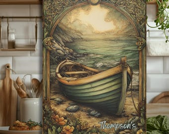 Custom Lake House Rowboat Glass Cutting Board | Nautical Boat Art Kitchen Decor