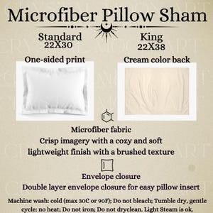 May include: A white microfiber pillow sham with a cream colored back. The sham is available in standard size (22x30 inches) and king size (22x38 inches). It features a one-sided print and an envelope closure.