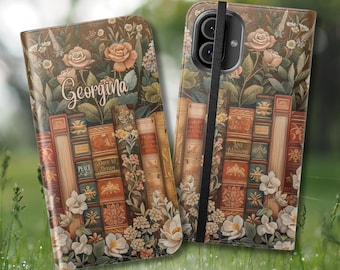 Personalized Dark Floral Book Phone Case, Custom Phone Wallet