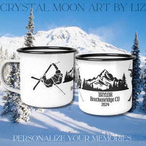 Personalized Ski Trip Enamel Mug, Break Resistant Camp Cup, Ski Lover Gift, Ski Family Vacation Gift, Snow Ski Lover, Mountain Holiday