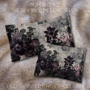 May include: Two gray and white microfiber pillow shams with a floral pattern in shades of purple and pink. The text "SUPER SOFT MICROFIBER PILLOW SHAM" is at the top of the image. The text "PILLOW INSERT NOT INCLUDED" is at the bottom of the image.