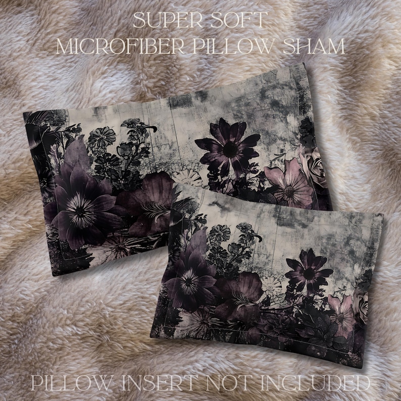 May include: Two gray and white microfiber pillow shams with a floral pattern in shades of purple and pink. The text "SUPER SOFT MICROFIBER PILLOW SHAM" is at the top of the image. The text "PILLOW INSERT NOT INCLUDED" is at the bottom of the image.