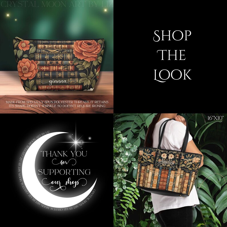 May include: A cosmetic bag and tote bag with a floral and book design. The cosmetic bag has a zipper closure and the name "gianna" printed on it. The tote bag is held by a person and has the name "elgetica" printed on it. The text "SHOP THE LOOK" is also visible.