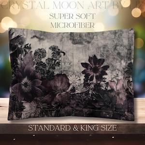 May include: A pillow with a floral print in shades of gray and purple. The pillow is made of super soft microfiber and is available in standard and king sizes. The text "CRYSTAL MOON ART BY LIZ" and "SUPER SOFT MICROFIBER" is printed on the pillow.