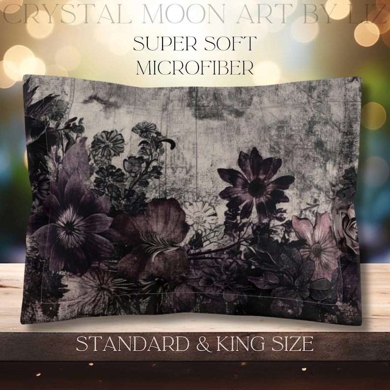 May include: A pillow with a floral print in shades of gray and purple. The pillow is made of super soft microfiber and is available in standard and king sizes. The text "CRYSTAL MOON ART BY LIZ" and "SUPER SOFT MICROFIBER" is printed on the pillow.