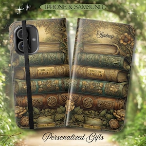 May include: A phone case featuring a stack of antique books with the words "Magical Spells" on the spines. The case has a vintage, fantasy theme with floral and tree branch accents. The text "iPhone & Samsung" and "Personalized Gifts" are also visible.