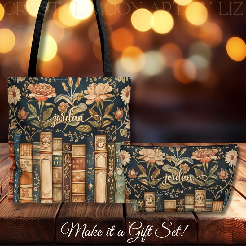 May include: A tote bag and cosmetic bag gift set with a floral and book design. The bags are navy blue with a pattern of flowers and books. The name "jordan" is written in cursive on both bags. The text "Make it a Gift Set!" is at the bottom.