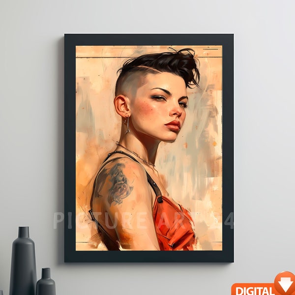 Rockabilly girl. Clipart vintage retro 1950s pin up fashion art print digital poster picture wall decoration art download buzzcut short hair