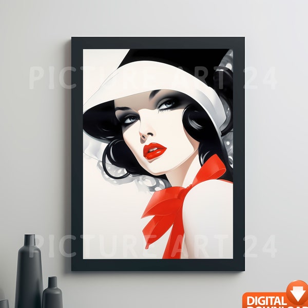 Beautiful woman with a hat. Pop art, art deco, pin up, vintage art, aesthetic, Alberto Vargas, Patrick Nagel, poster wall art print download