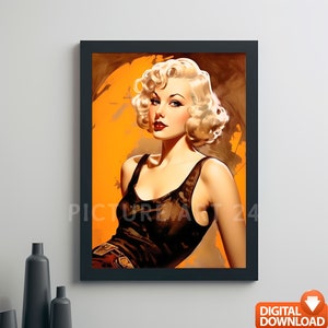 Eye-catching portrait of a beautiful rockabilly girl with curly blond hair. Retro vintage clipart, an absolute eye-catcher for every room. Perfect as a last-minute gift. Digital picture art, each picture is unique- download and print immediately.