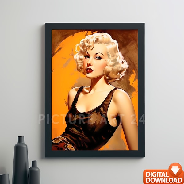 Rockabilly girl. Clipart vintage retro 1950s pin up fashion art print digital poster picture wall decoration art download blond hair etsy