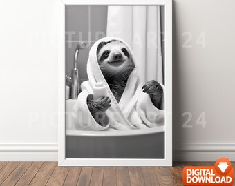 Sloth in bathrobe. Sloth in bath, cute sloth, lazy sloth, cute, decoration, print, download, gift, mural, poster, wall art, black and white