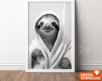 Sloth in bathrobe. Sloth in bath, cute sloth, lazy sloth, cute, decoration, print, download, gift, mural, poster, wall art, black and white