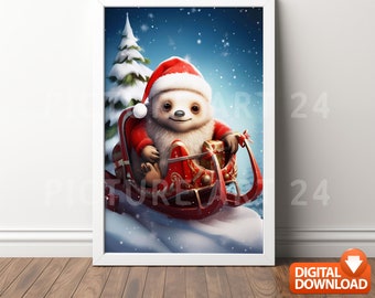 Weihnachtsfaultier. Faultier im roten Mantel, süßes Faultier, Dekoration, drucken, Download, Geschenk, Wandbild Poster Wandkunst Weihnachten