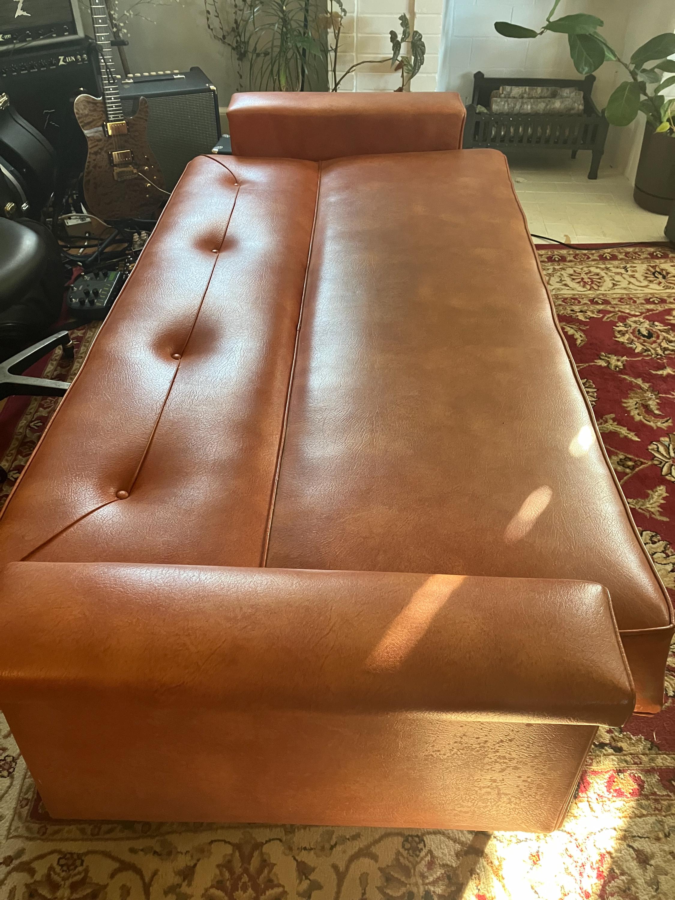 1950s/60s Midcentury 7-foot Faux Leather Convertible Sofa