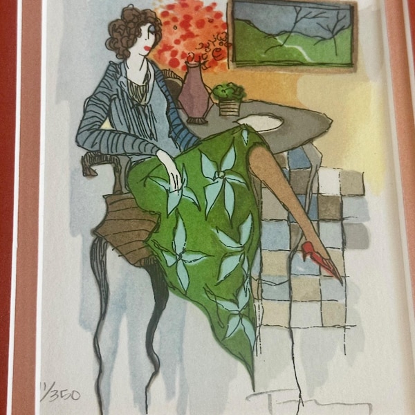 Limited edition signed 1990s serigraph by painter Itzchak Tarkay. Professionally framed and matted.