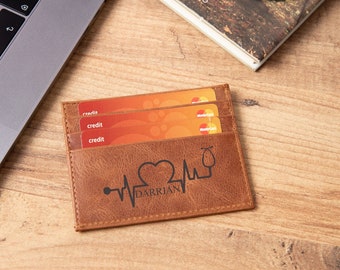 Personalized Leather Credit Card Holder For Doctor, New Doctor Gift, Engraved Wallet, Birthday Gifts For Him, Registered Nurse Gift