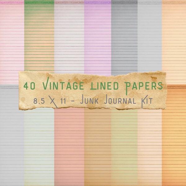 40 Vintage Blank Lined Papers, Junk Journal, Papers, Portrait, Plain, 8.5 x 11, Neutral, Dyed Pages, Download, Printable