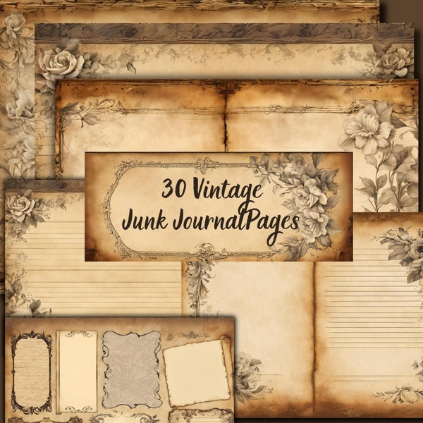 30 Vintage Junk Journal Pages, Junk Journal, Kit, Neutral, Printable, Paper, Book, Digital, Vintage, Download, Blank Printable Pages, 8.5x11