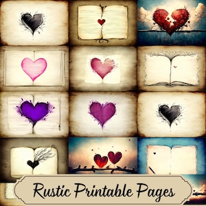 Pagine di diario, carta digitale shabby chic cuori, carta scrapbook cuore digitale, pagine di diario spazzatura di San Valentino rustico, download istantaneo
