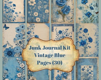 Vintage Blue Junk Journal Kit, Blue Paper, Junk Journal Pages printable of 30 sheets, Blue Floral Scrappy Papers, Printable Digital Download
