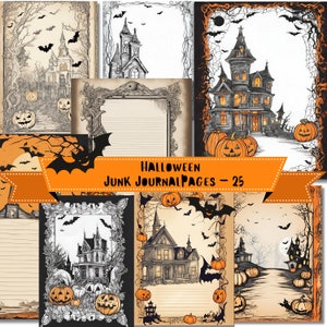 Pages de carnet d&#39;Halloween, Papier de scrapbooking numérique Halloween, Papiers travaux manuels imprimables Fantasmagorie, Citrouille, Orange, Foncé, Fond de journal