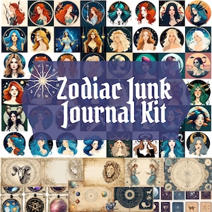 Zodiac Junk Journal Kit (afdrukbare JPG-pagina's met ephemera, tags, bladwijzer), astrologie, horoscoop, sterrenbeeld digitaal papier, digitale download