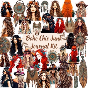 Boho Chic JUNK JOURNAL KIT (Printable Jpg Page with Ephemera, Cover, Card, Fussy Cut, Tag), Transparent Background, Scrapbook Download